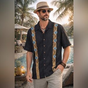 Tommy Bahama 100% Silk Camp Shirt Large Black Embroidered Floral Hawaiian Resort